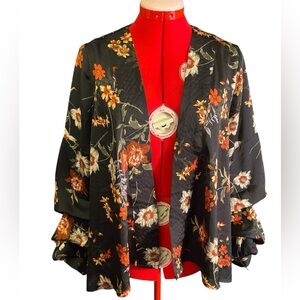 Dark Floral L'atiste Statement Kimono Jacket with Tiered Ruffle Sleeves
